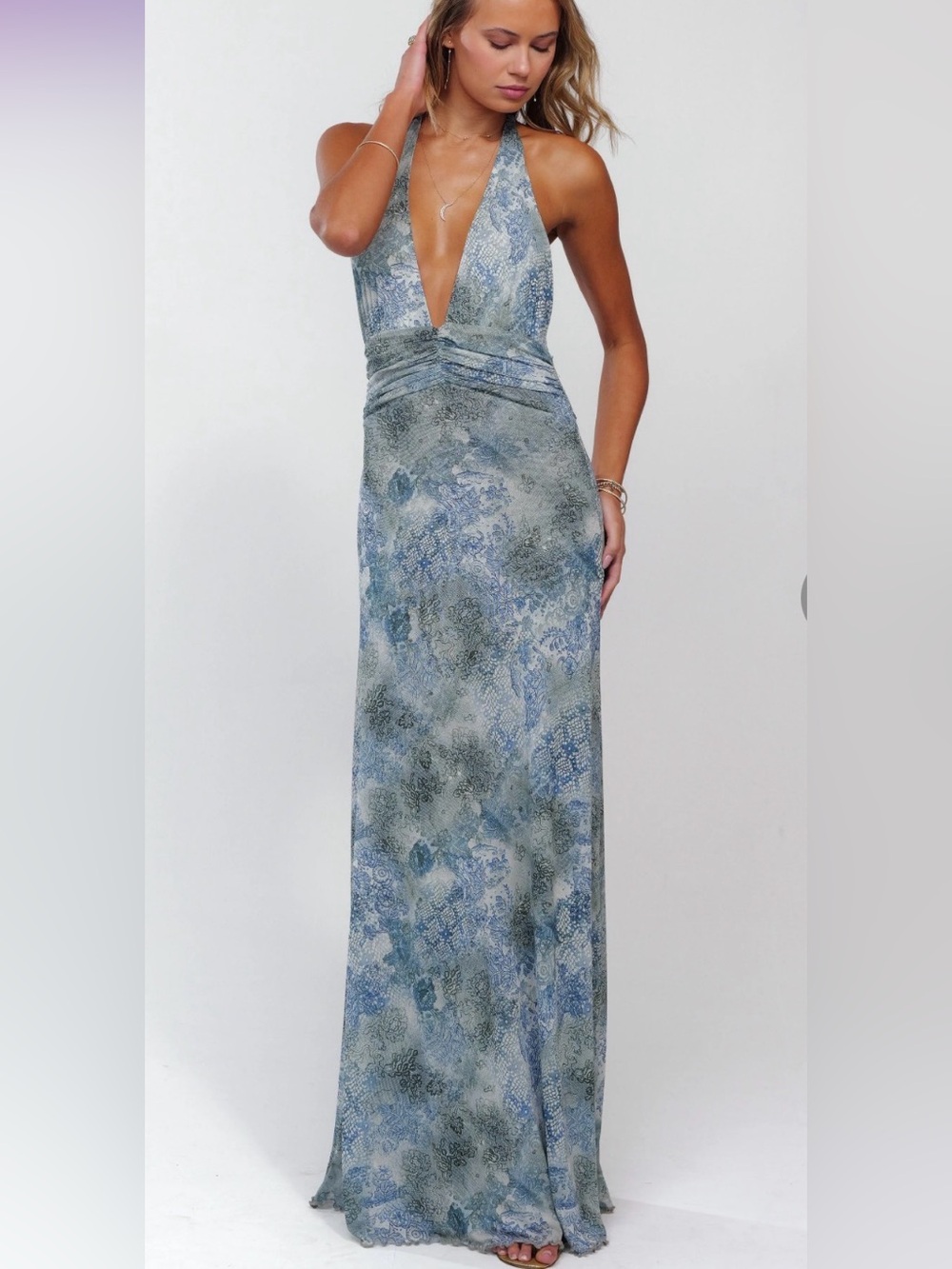 Resa- Blue-Green Halter Maxi Dress with Deep V-Neck- NWT- XS